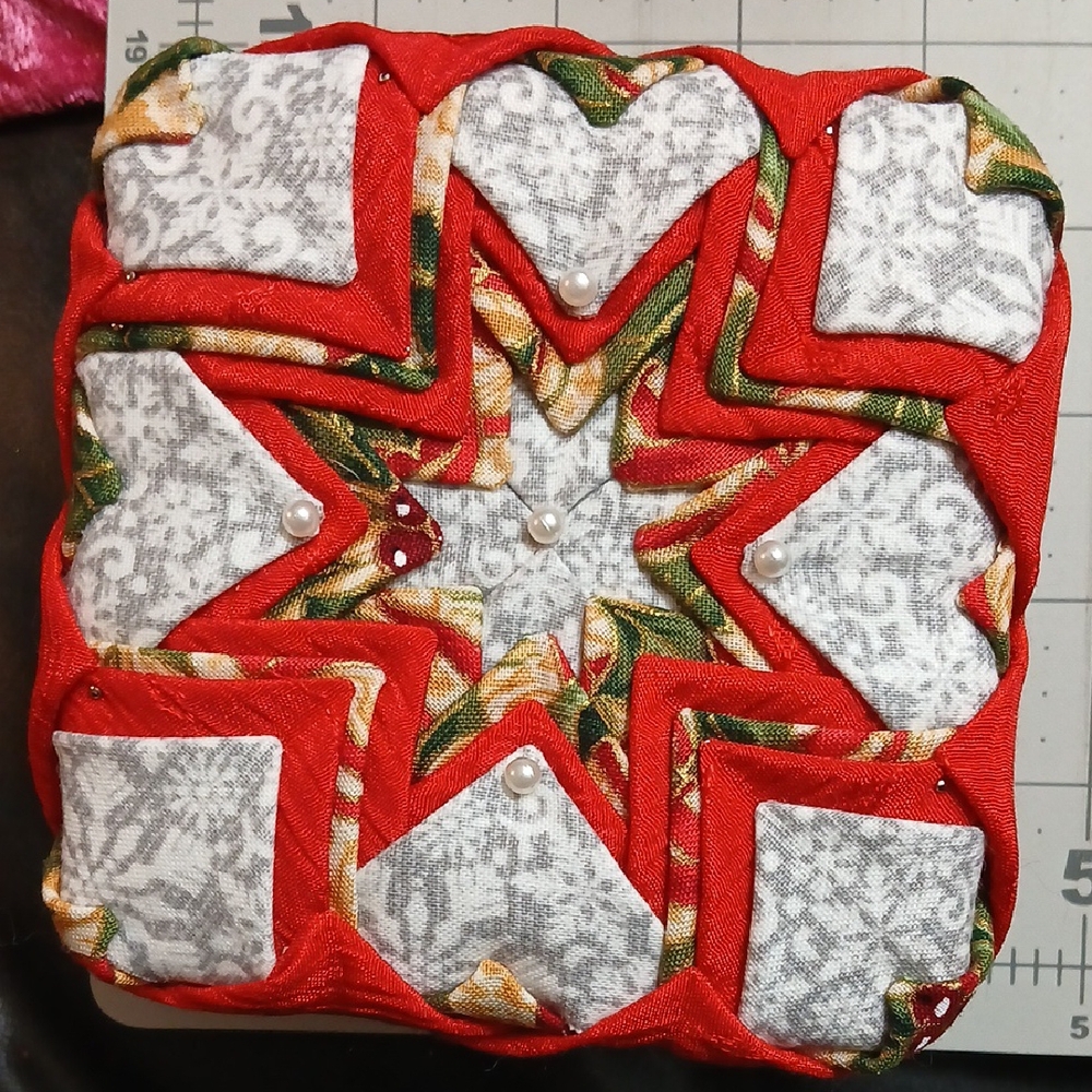 #35 Titled Winter Red and White Quilted Accent Decor 4"x4"x2"